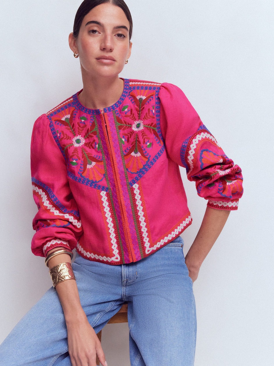 New Boden Embroidered Linen Jacket Pink Peony, Embroidered Sz: 4
